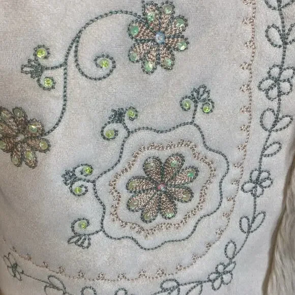 Vintage Rave Y2K Faux Suede and Shearling Embroidered Embellished Cream Vest XL - Picture 4 of 7